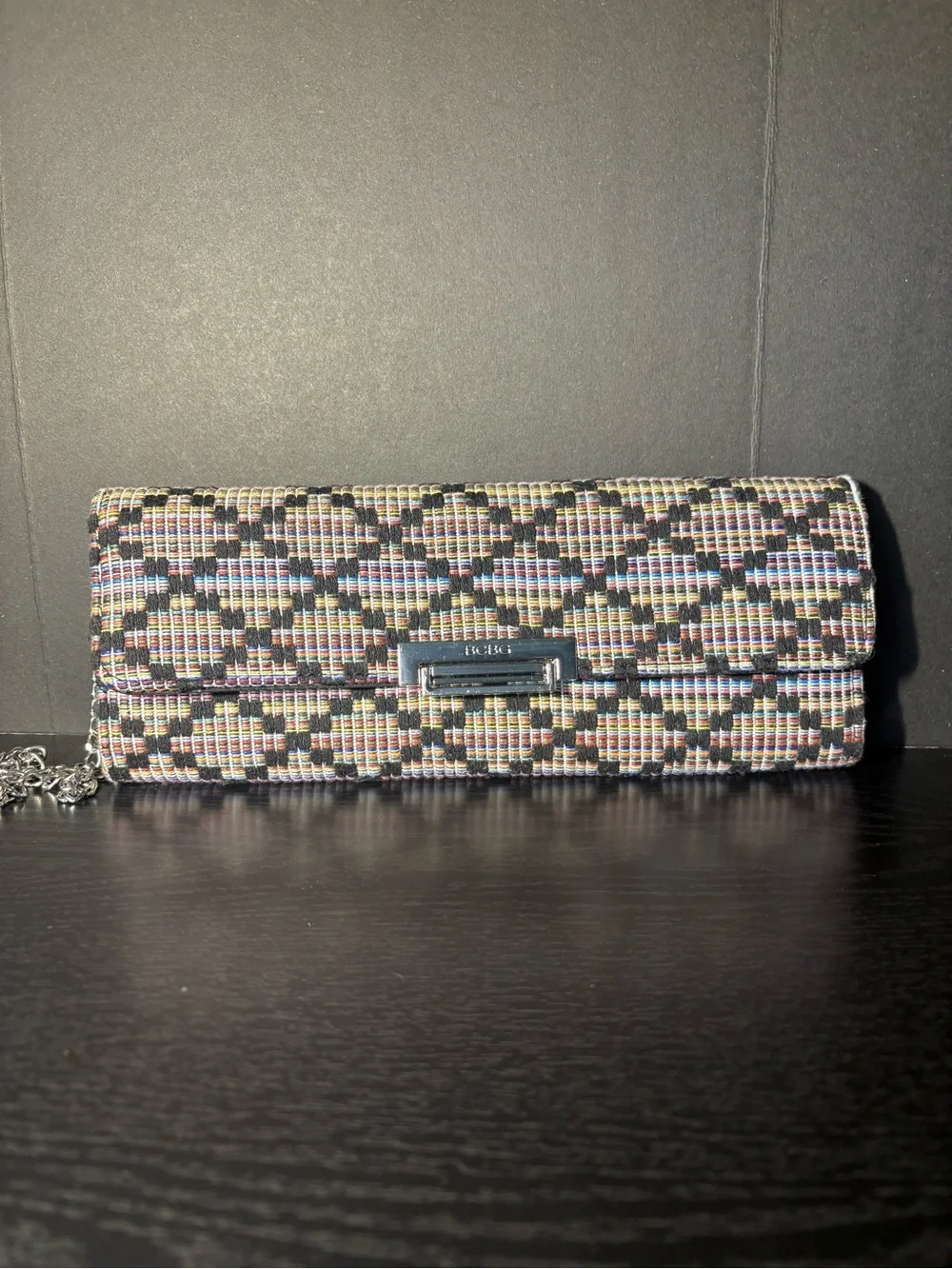 BCBG Multicolor Woven Clutch with Black Trim
